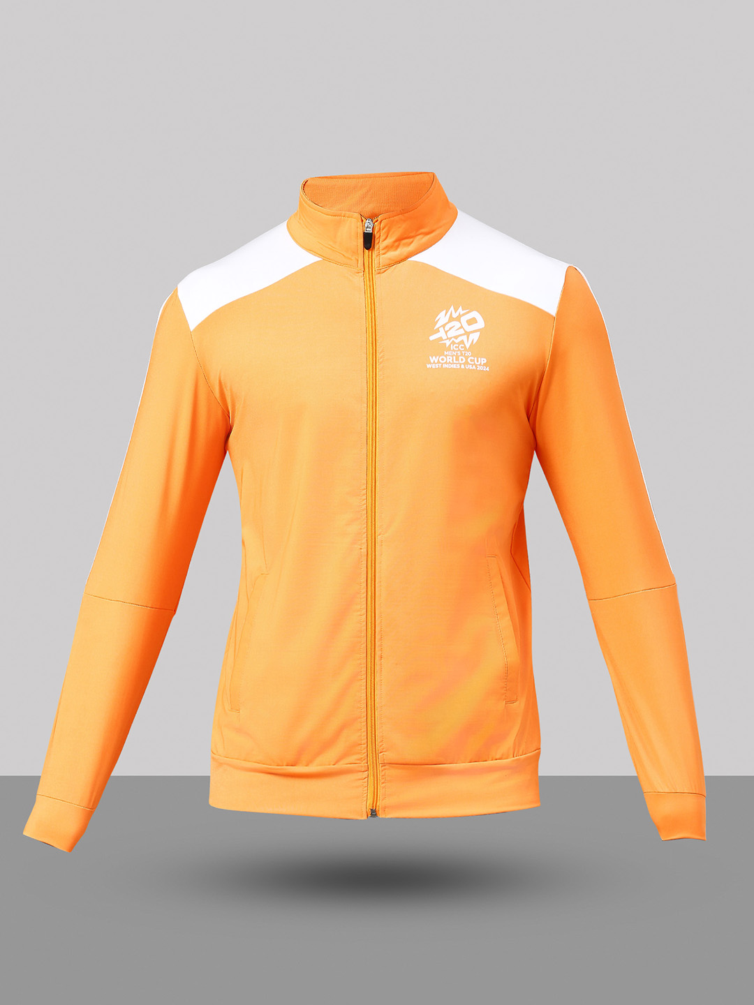 India ICC Men's T20 WC-24 Orange and White Printed Full Sleeves Stand Collor Dream Team Jacket (7)