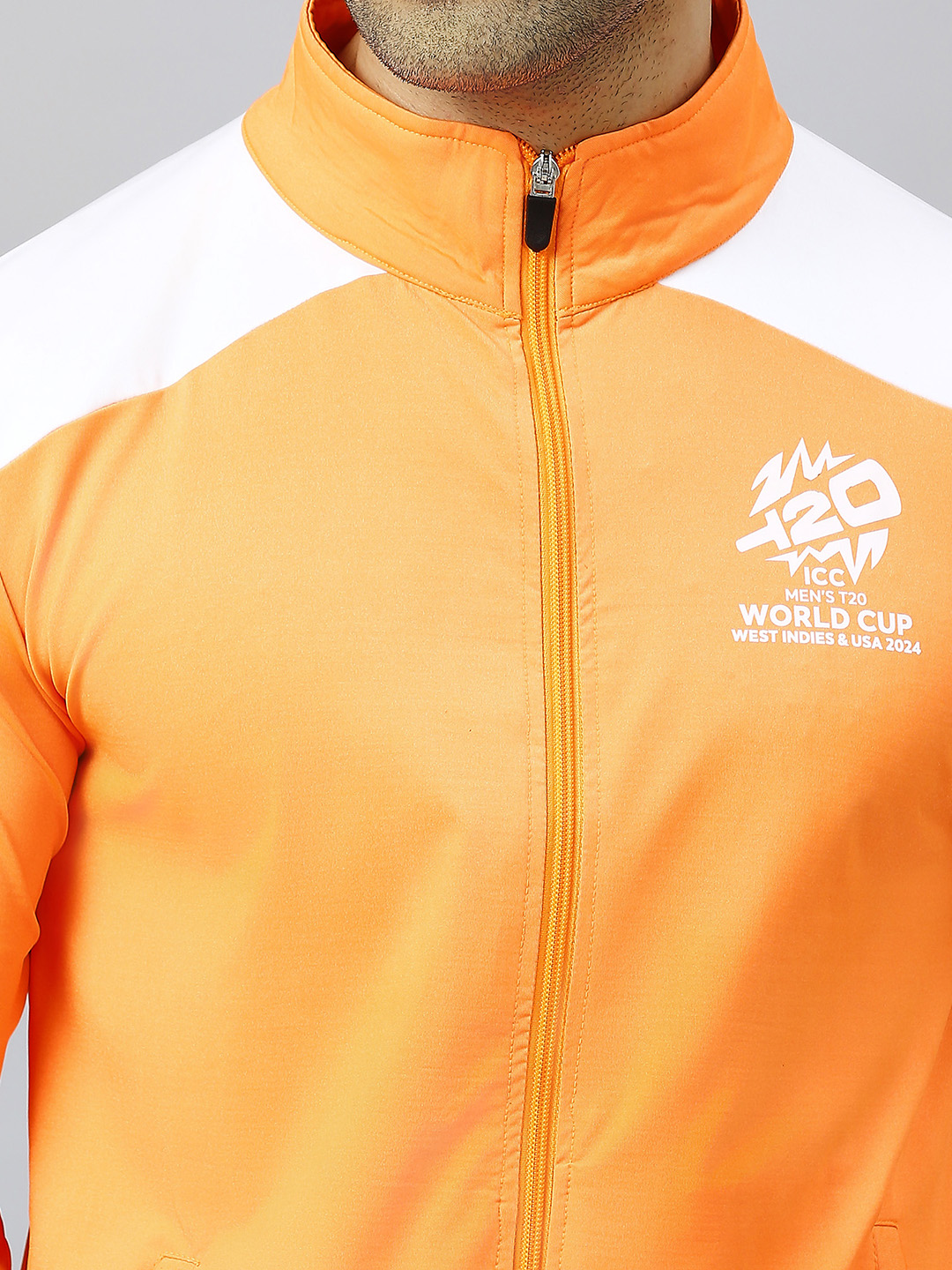 India ICC Men's T20 WC-24 Orange and White Printed Full Sleeves Stand Collor Dream Team Jacket (9)
