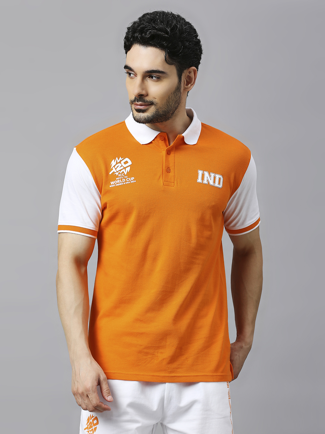 India ICC Men's T20 WC-24 Orange and White Printed Half Sleeves Polo Collar Cotton T-Shirt (1)
