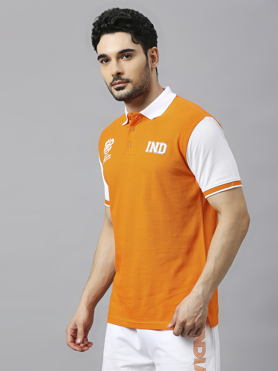 India ICC Men's T20 WC-24 Orange and White Printed Half Sleeves Polo Collar Cotton T-Shirt (2)