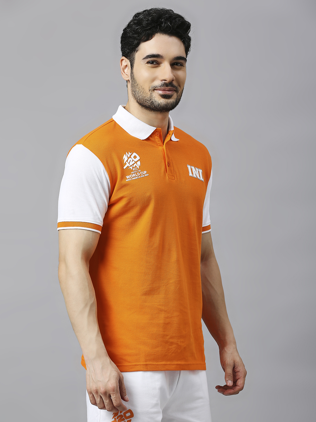 India ICC Men's T20 WC-24 Orange and White Printed Half Sleeves Polo Collar Cotton T-Shirt (3)