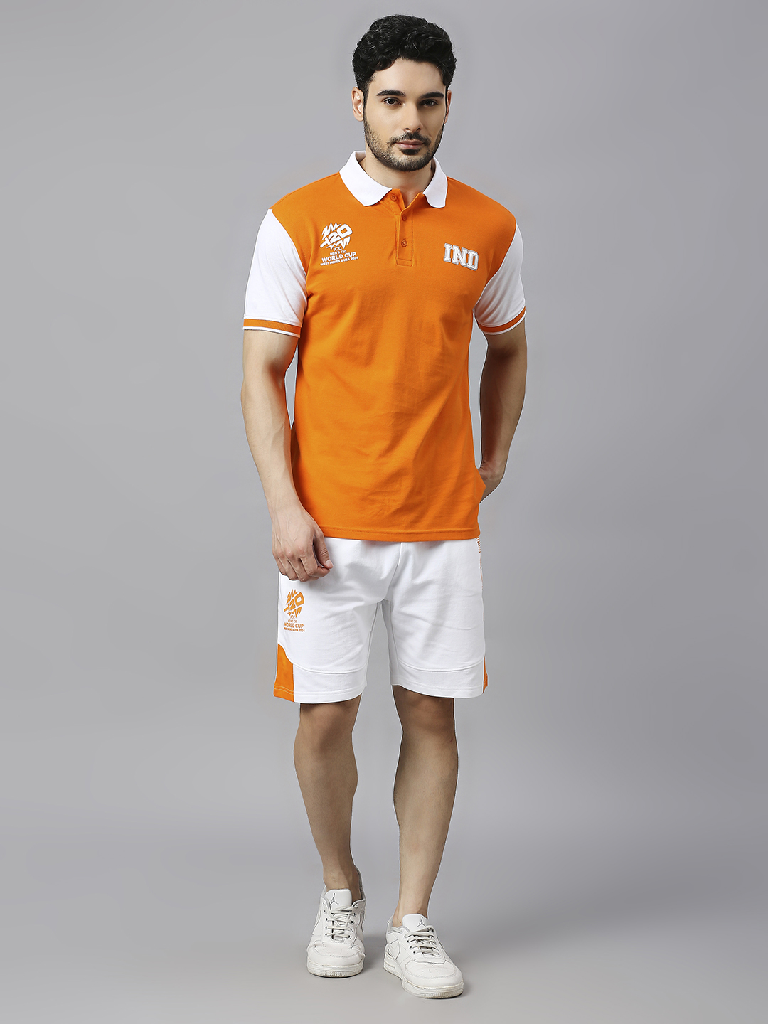 India ICC Men's T20 WC-24 Orange and White Printed Half Sleeves Polo Collar Cotton T-Shirt (5)