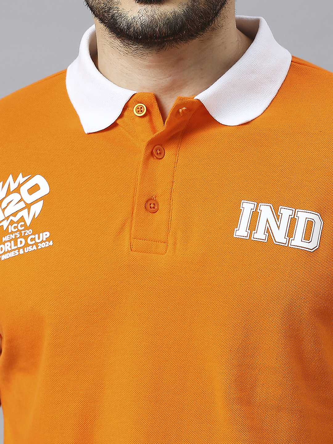 India ICC Men's T20 WC-24 Orange and White Printed Half Sleeves Polo Collar Cotton T-Shirt (7)
