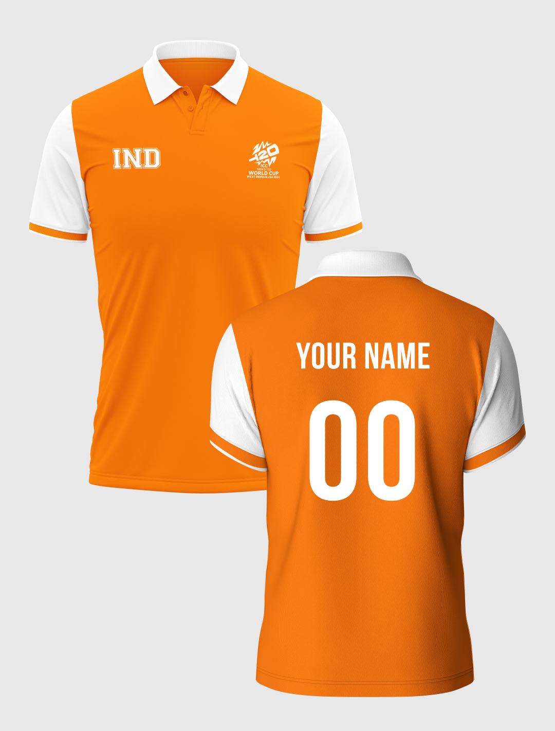 India ICC Men's T20 WC-24 Orange and White Printed Half Sleeves Polo Collar Cotton T-Shirt - Customised (2)