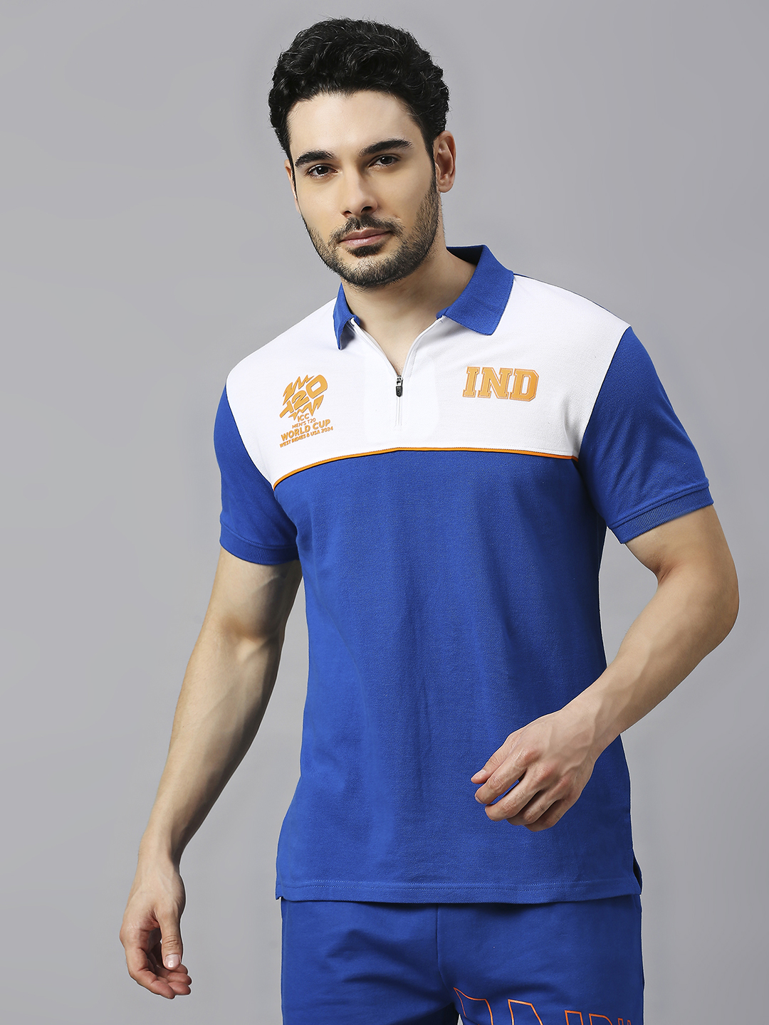 India ICC Men's T20 WC-24 Royal and White Colourblocked Half Sleeves Polo Collar Cotton T-Shirt (2)