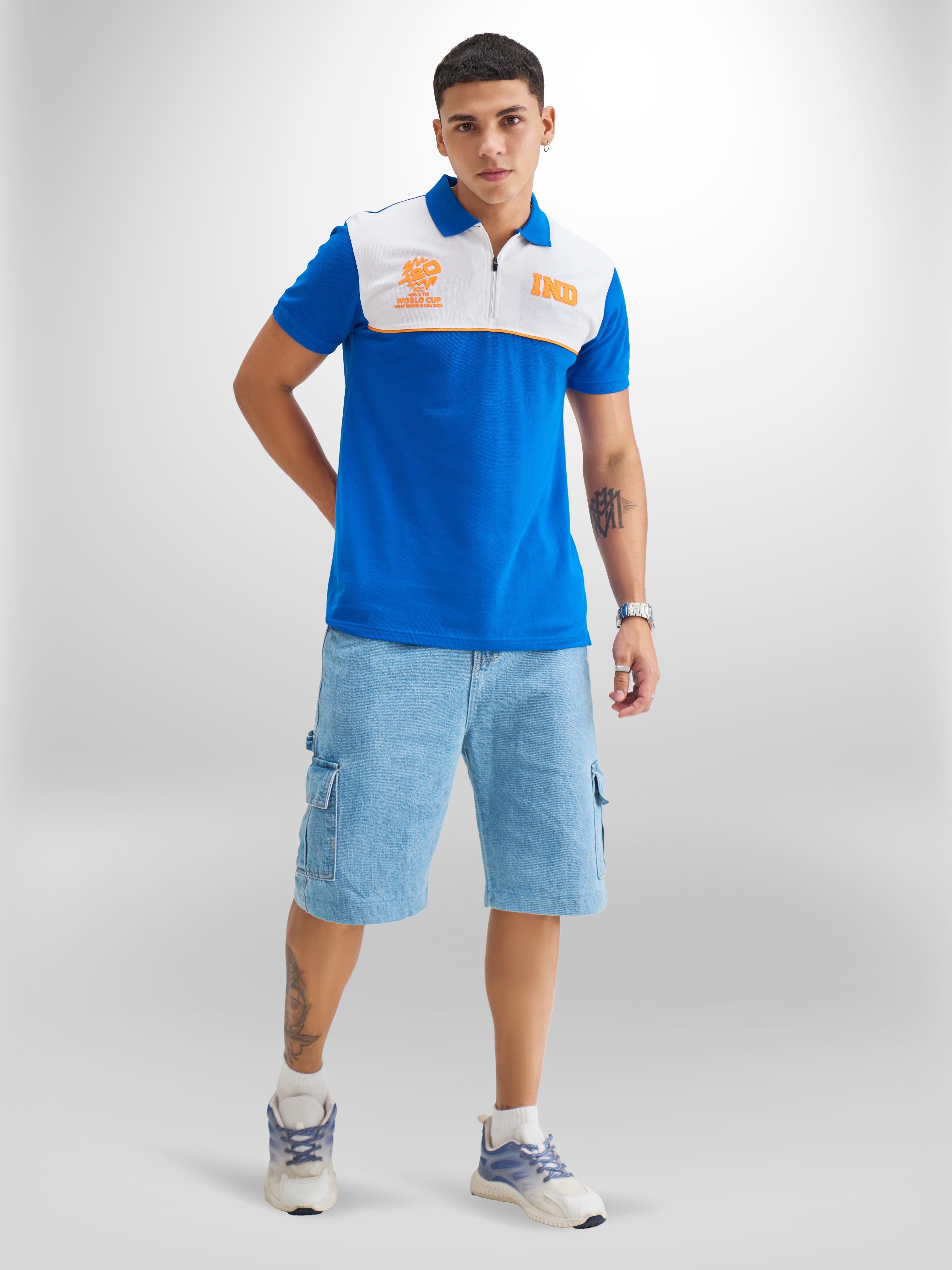 India ICC Men's T20 WC-24 Royal and White Colourblocked Half Sleeves Polo Collar Cotton T-Shirt (1)