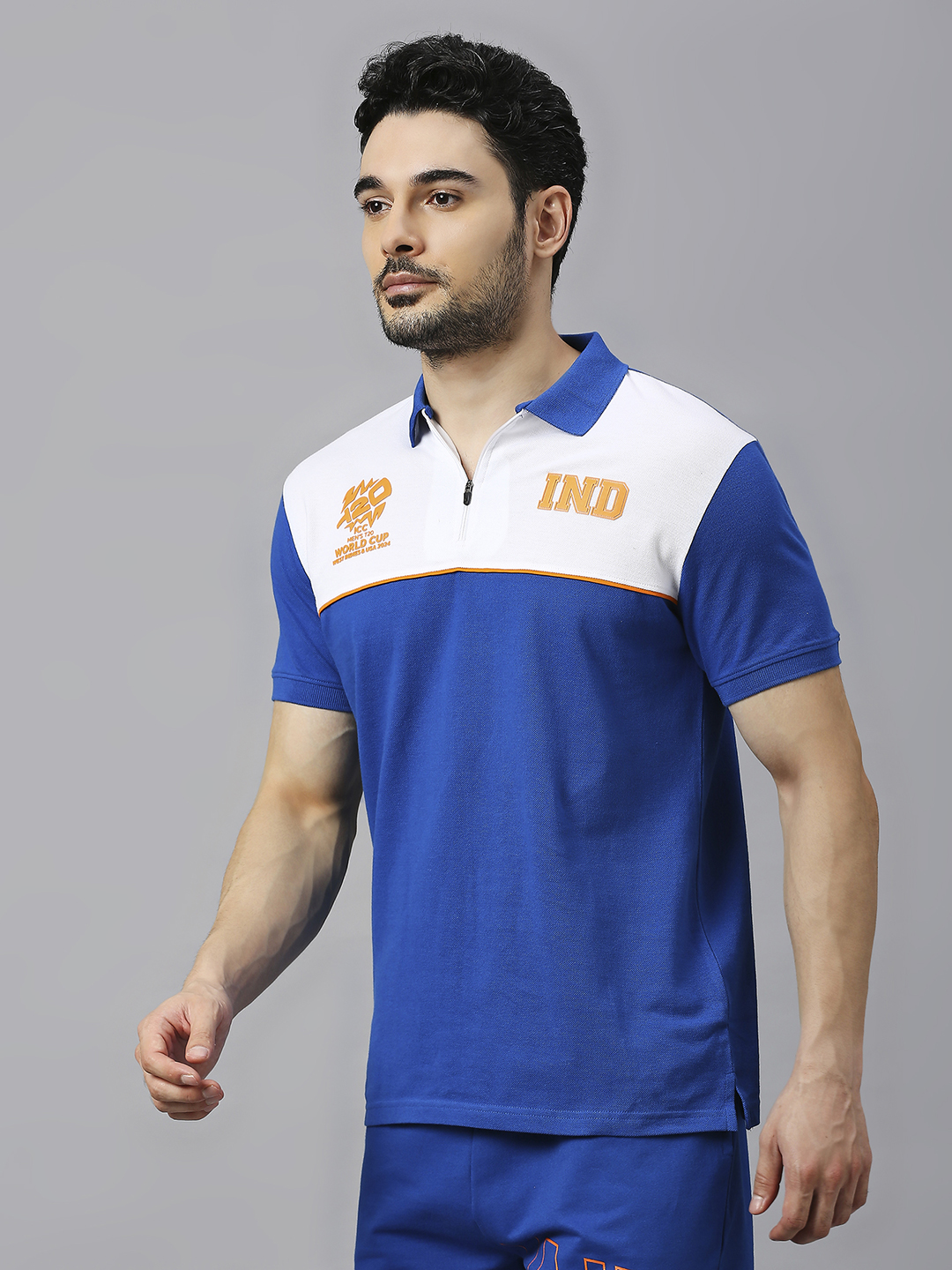 India ICC Men's T20 WC-24 Royal and White Colourblocked Half Sleeves Polo Collar Cotton T-Shirt (3)