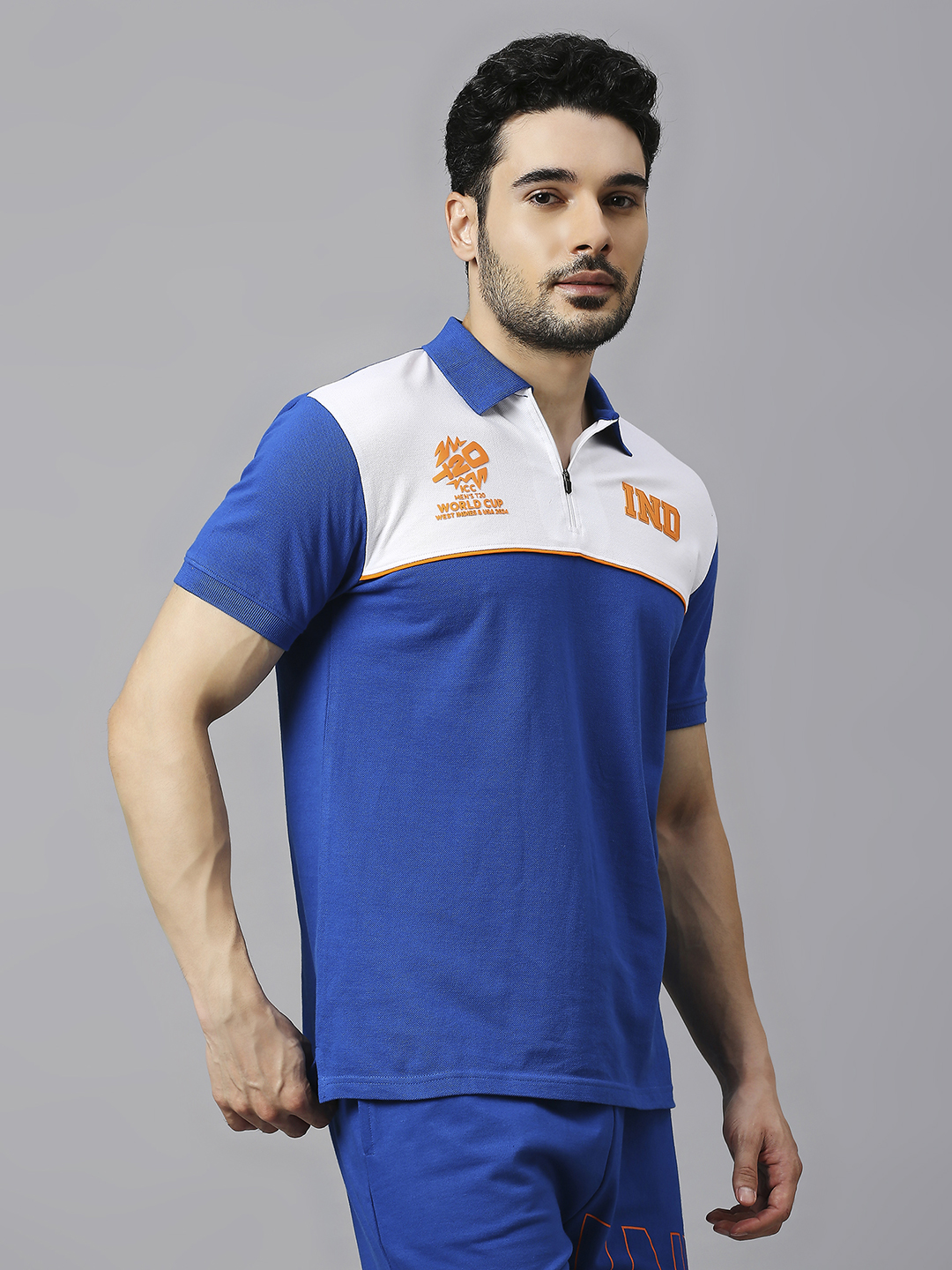 India ICC Men's T20 WC-24 Royal and White Colourblocked Half Sleeves Polo Collar Cotton T-Shirt (4)