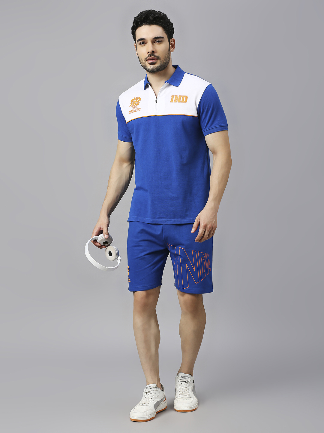 India ICC Men's T20 WC-24 Royal and White Colourblocked Half Sleeves Polo Collar Cotton T-Shirt (6)