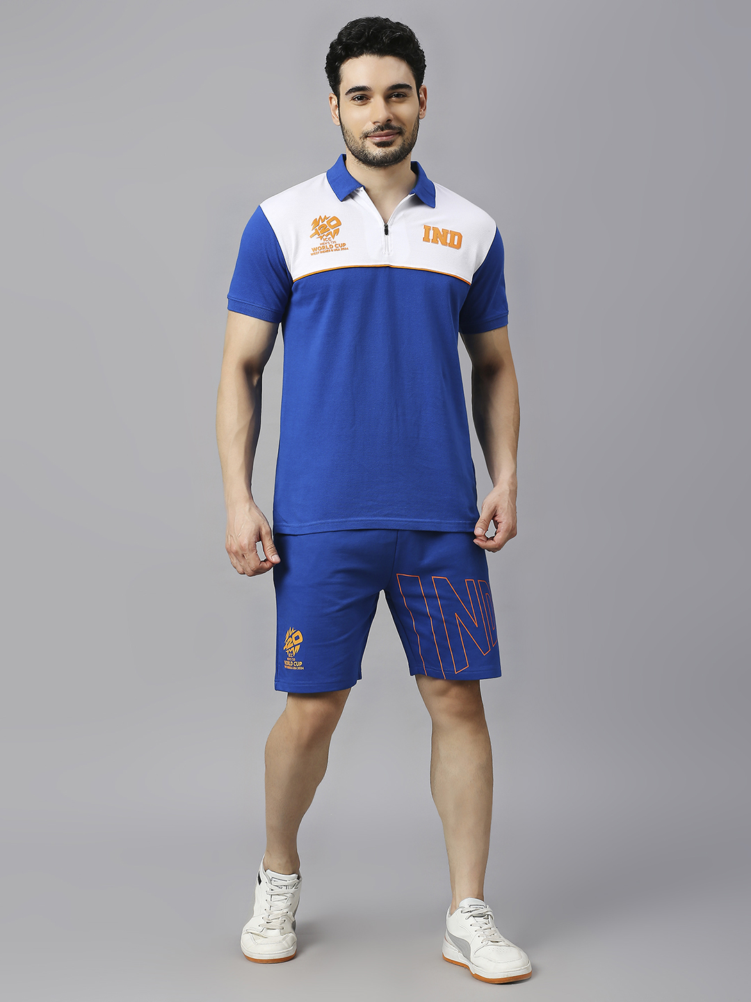 India ICC Men's T20 WC-24 Royal and White Colourblocked Half Sleeves Polo Collar Cotton T-Shirt (7)