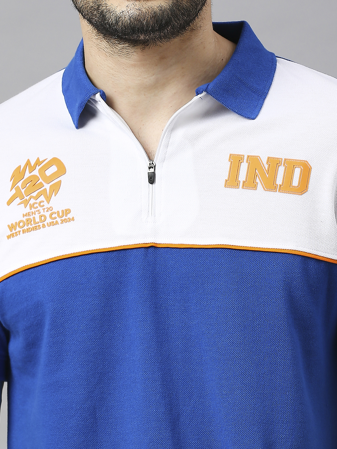 India ICC Men's T20 WC-24 Royal and White Colourblocked Half Sleeves Polo Collar Cotton T-Shirt (8)