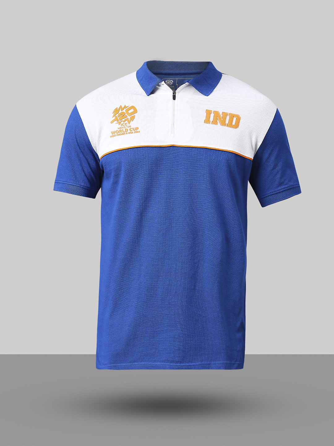 India ICC Men's T20 WC-24 Royal and White Colourblocked Half Sleeves Polo Collar Cotton T-Shirt (9)