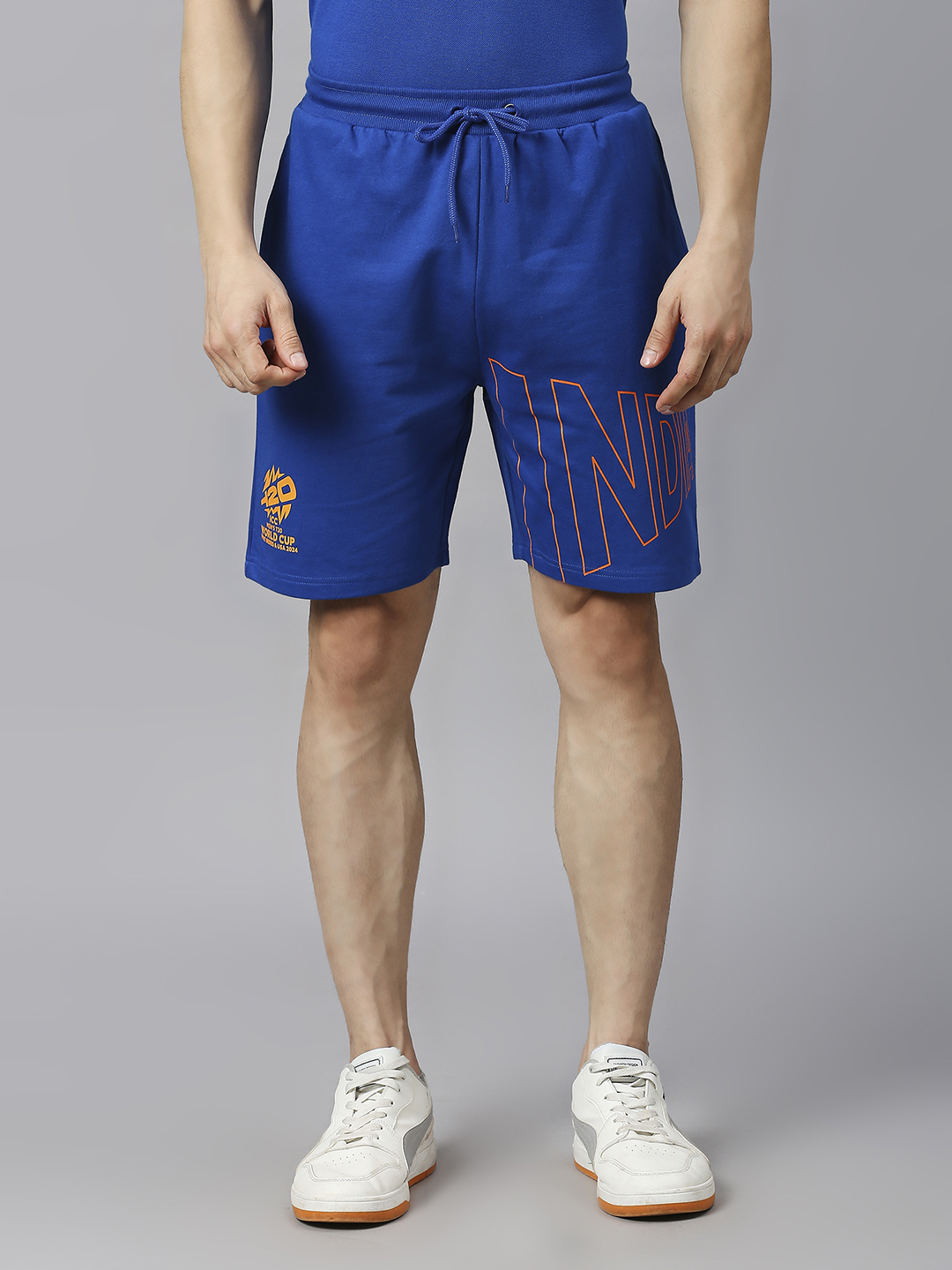 India ICC Men's T20 WC-24 Royal Blue Printed Mid-Rise Regular Fit Sports Shorts (2)