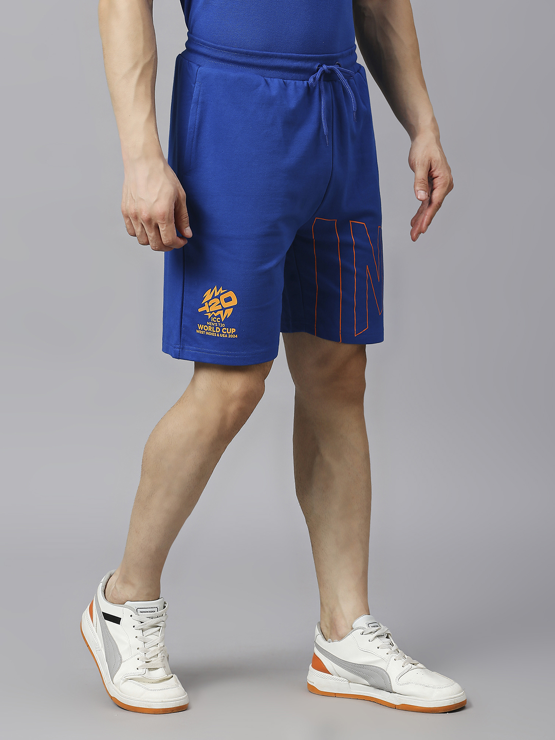 India ICC Men's T20 WC-24 Royal Blue Printed Mid-Rise Regular Fit Sports Shorts (4)