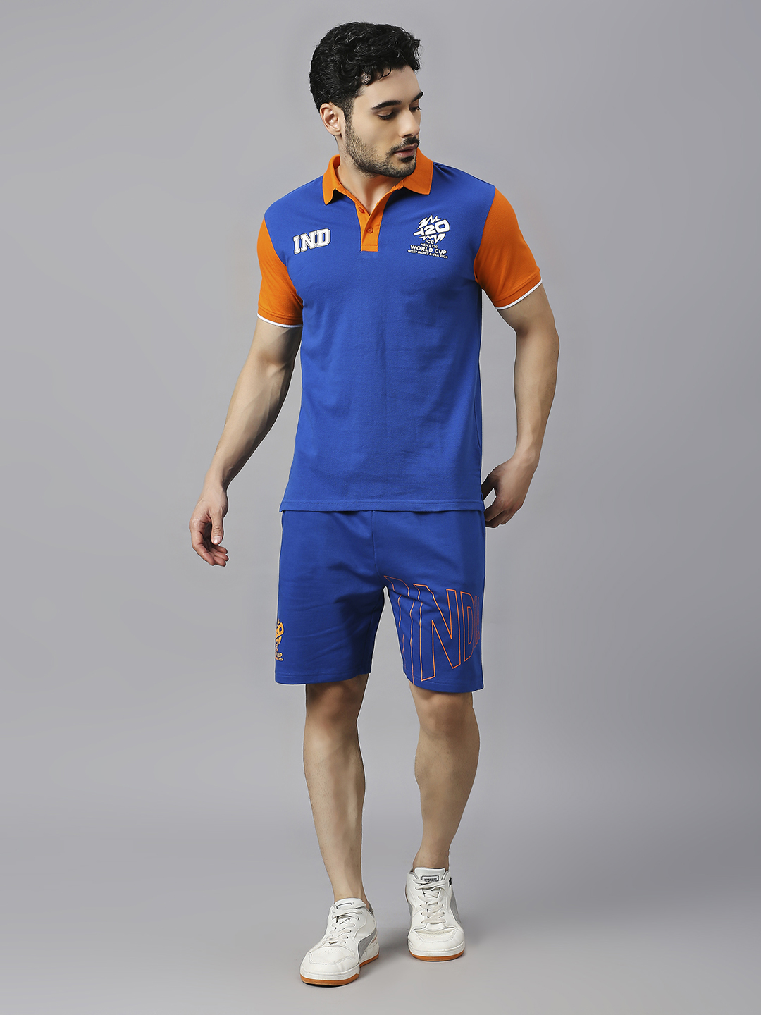 India ICC Men's T20 WC-24 Royal Blue Printed Mid-Rise Regular Fit Sports Shorts (6)