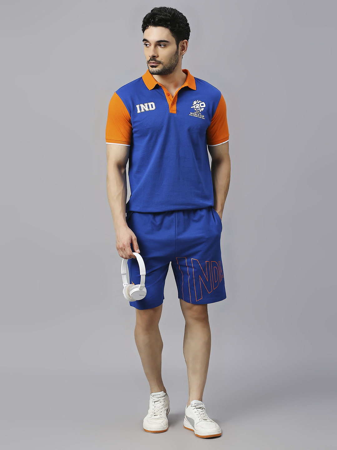 India ICC Men's T20 WC-24 Royal Blue Printed Mid-Rise Regular Fit Sports Shorts (7)