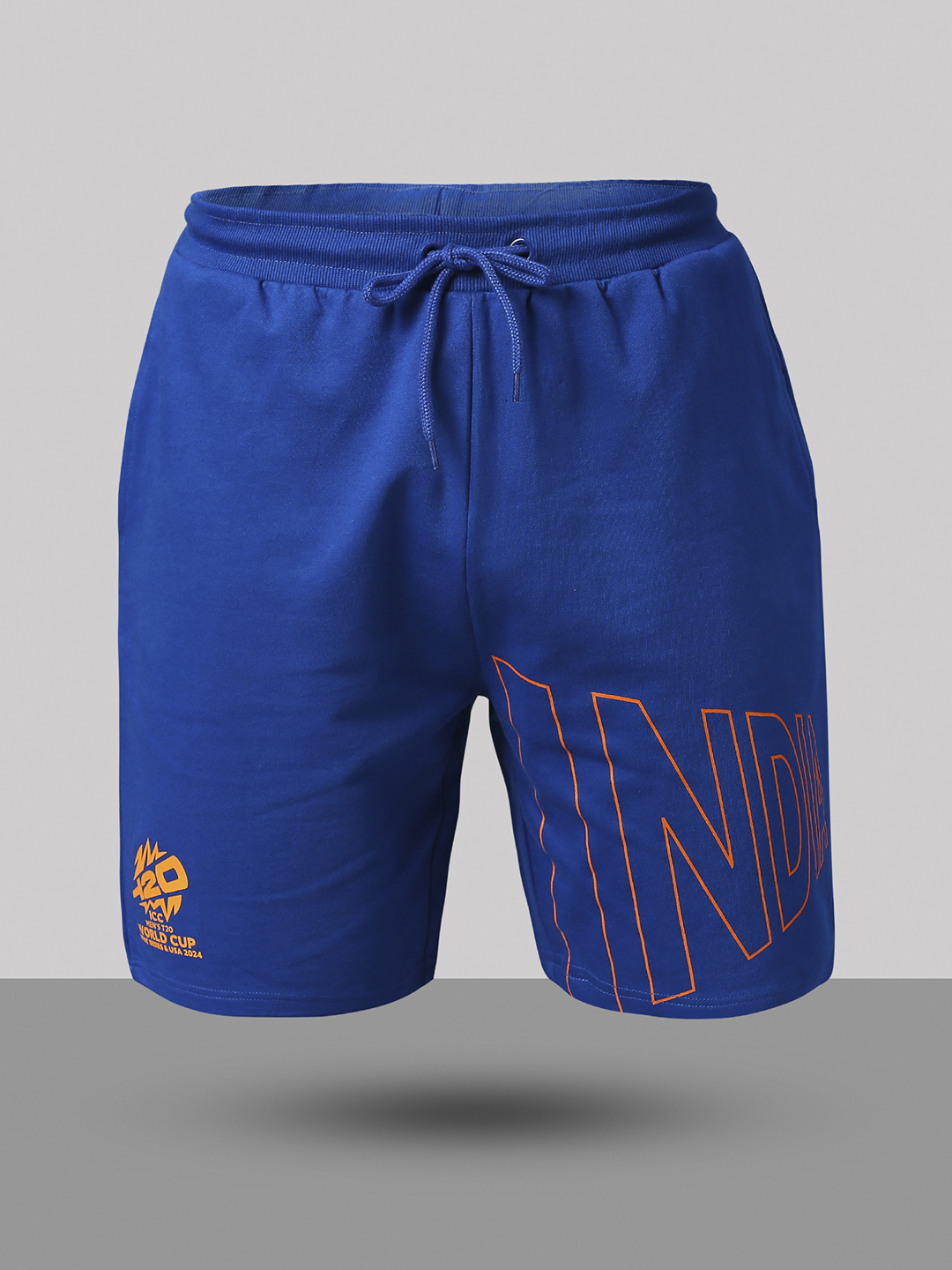India ICC Men's T20 WC-24 Royal Blue Printed Mid-Rise Regular Fit Sports Shorts (9)