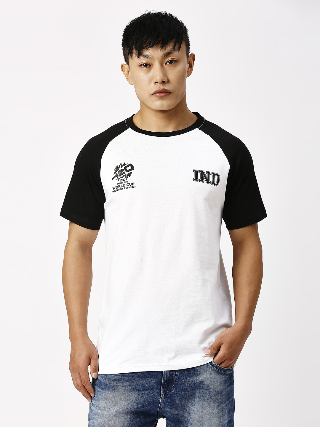 ICC Men's T20 WC-24 White and Black Half Sleeves Round Neck Raglan Cotton T-Shirt