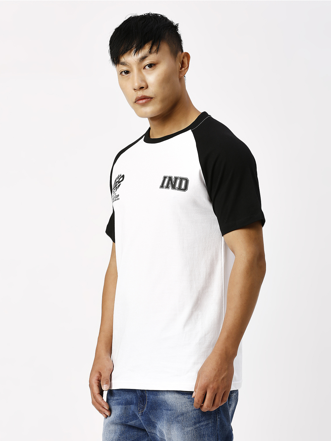 India ICC Men's T20 WC-24 White and Black Half Sleeves Round Neck Raglan Cotton T-Shirt (2)