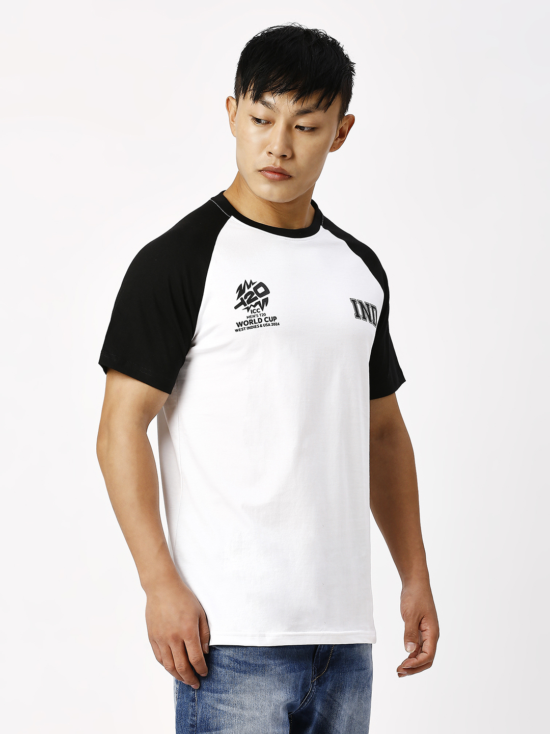India ICC Men's T20 WC-24 White and Black Half Sleeves Round Neck Raglan Cotton T-Shirt (3)