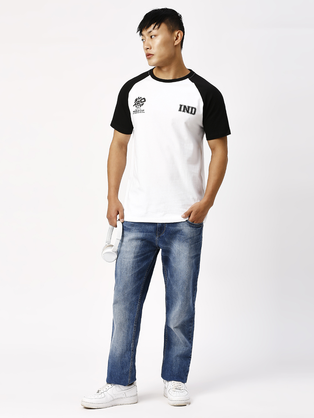 India ICC Men's T20 WC-24 White and Black Half Sleeves Round Neck Raglan Cotton T-Shirt (5)