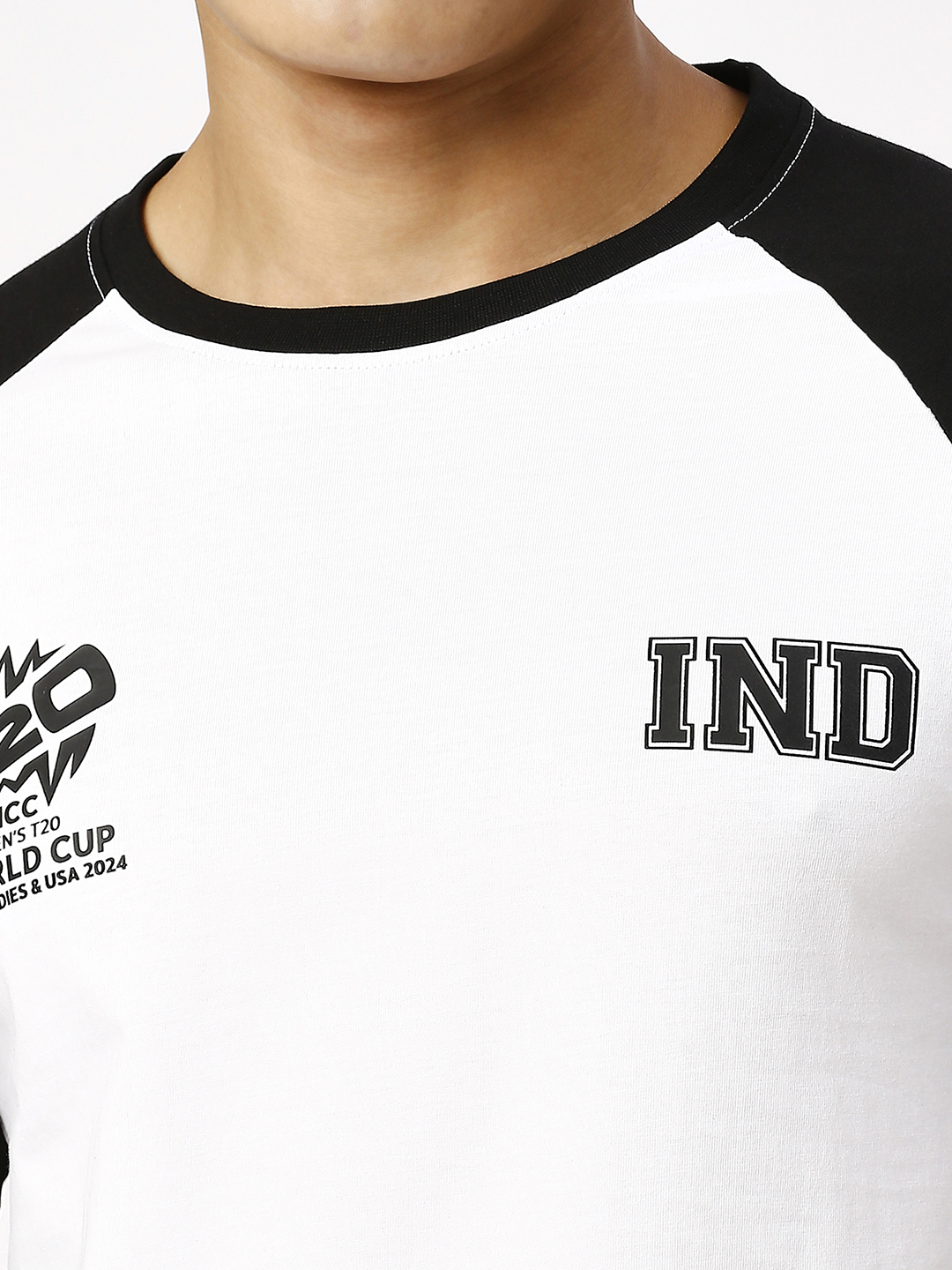 India ICC Men's T20 WC-24 White and Black Half Sleeves Round Neck Raglan Cotton T-Shirt (6)