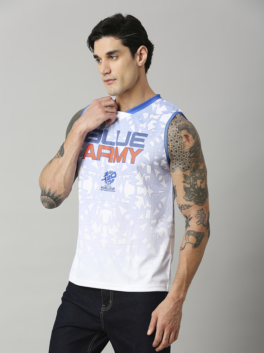 India ICC Men's T20 WC-24 White and Blue All Over Print Sleeveless Round Neck Polyester Sports Vest (3)