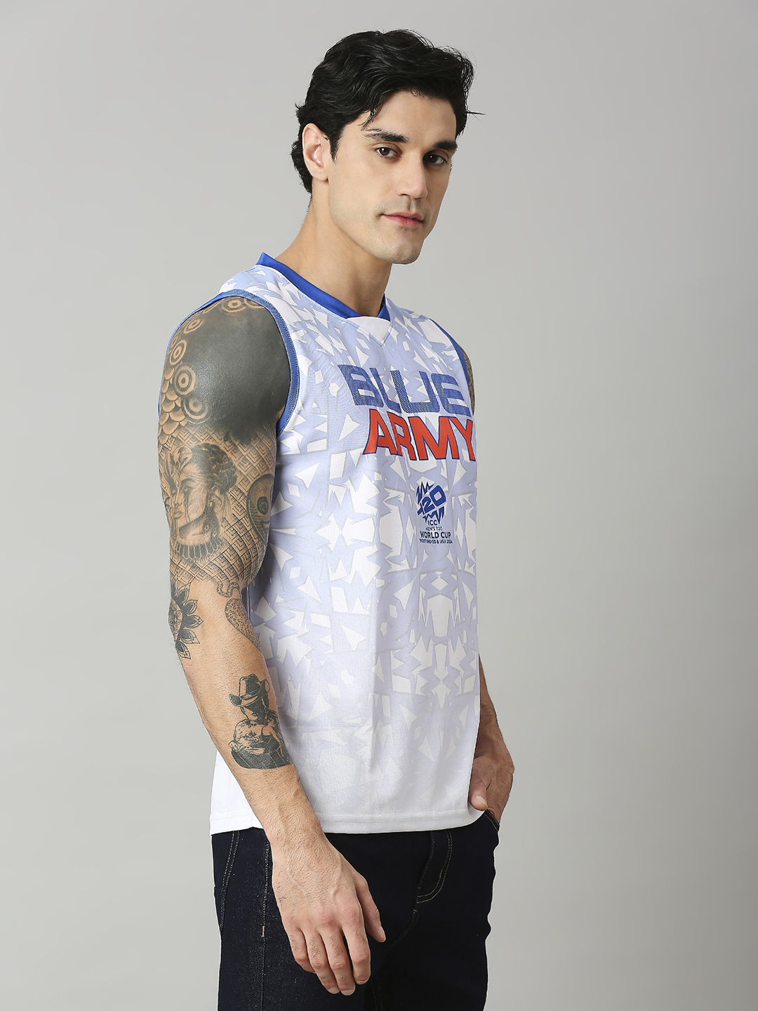 India ICC Men's T20 WC-24 White and Blue All Over Print Sleeveless Round Neck Polyester Sports Vest (4)