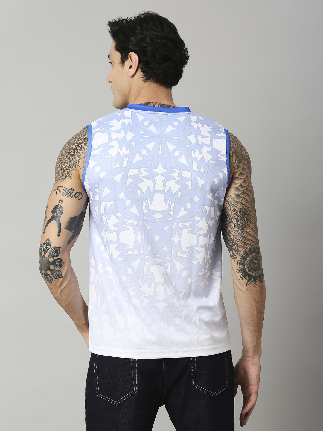 India ICC Men's T20 WC-24 White and Blue All Over Print Sleeveless Round Neck Polyester Sports Vest (5)
