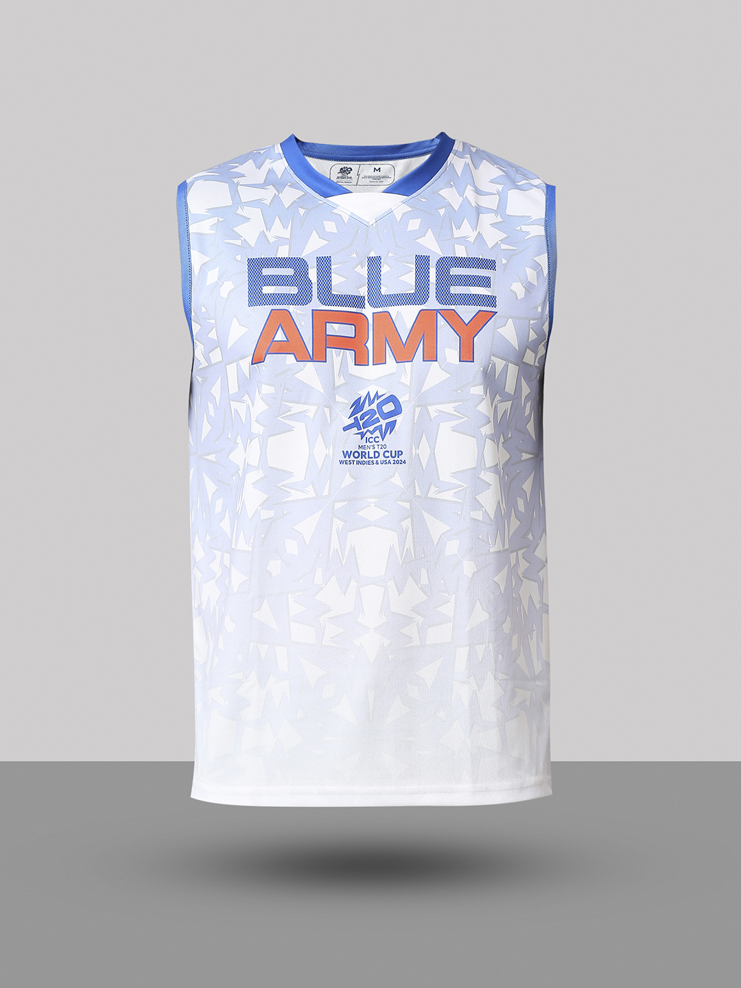 India ICC Men's T20 WC-24 White and Blue All Over Print Sleeveless Round Neck Polyester Sports Vest (7)