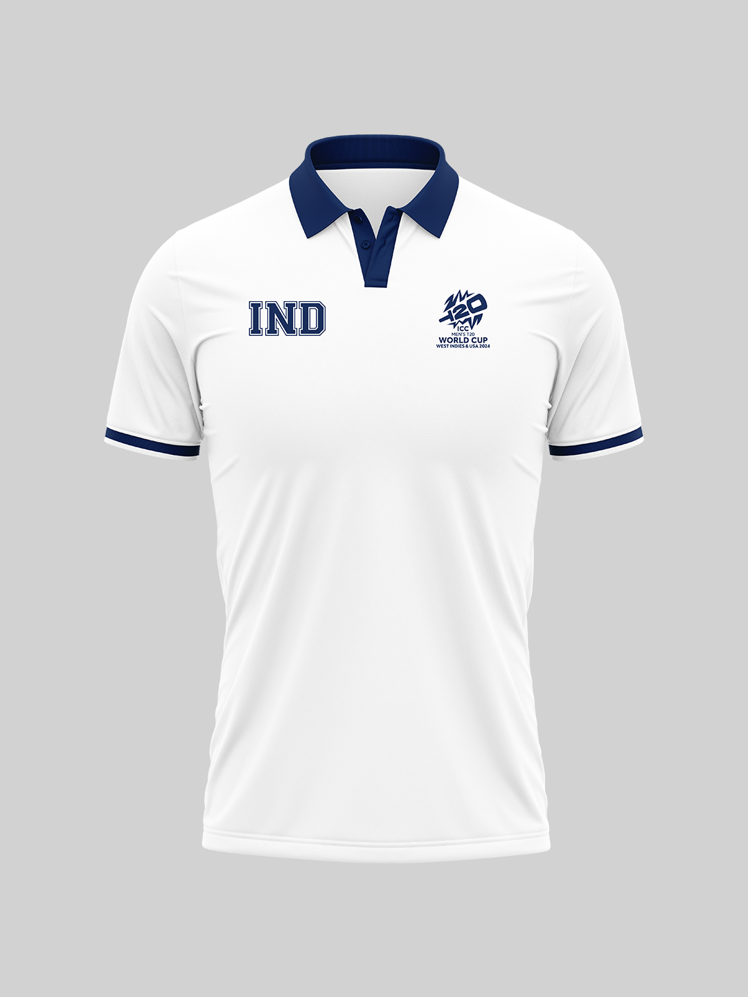 India ICC Men's T20 WC-24 White and Navy Logo Printed Half Sleeves Polo Collar Cotton T-Shirt (1)