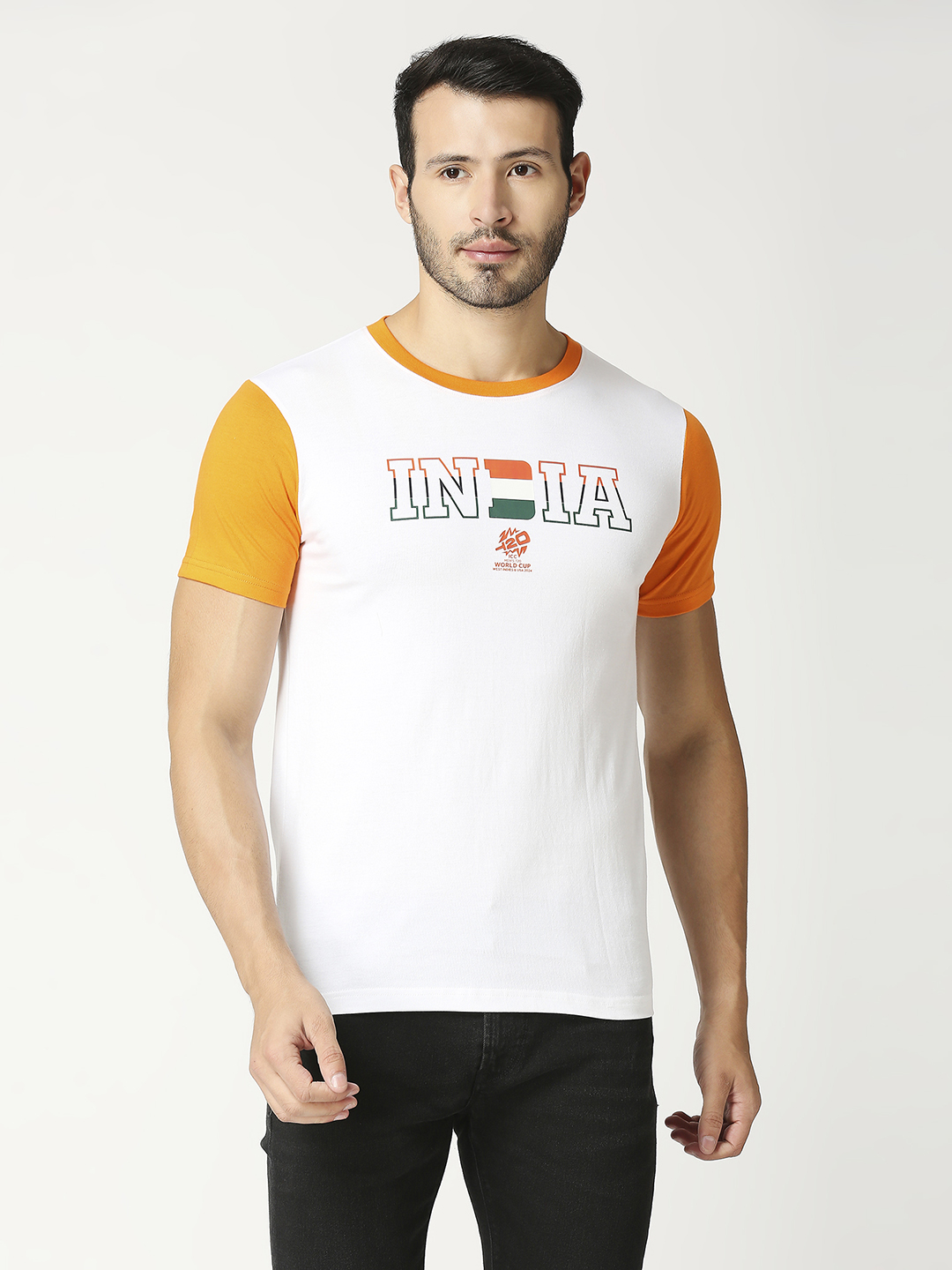 ICC Men's T20 WC-24 White and Orange Half Sleeves Round Neck Cotton T-Shirt