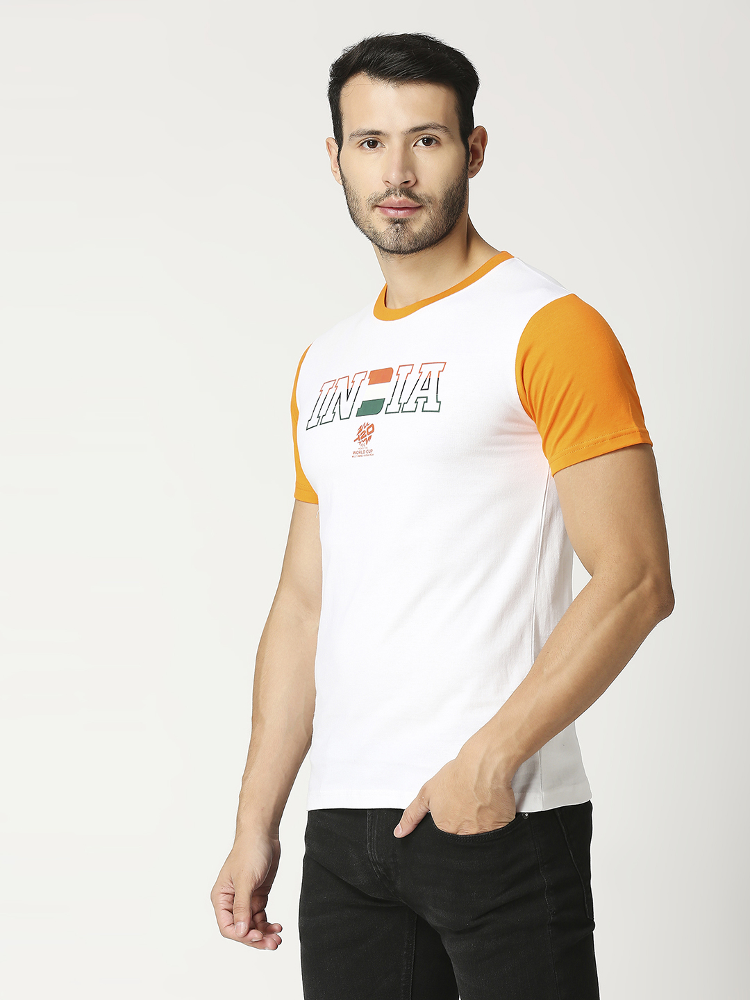 India ICC Men's T20 WC-24 White and Orange Half Sleeves Round Neck Cotton T-Shirt (2)