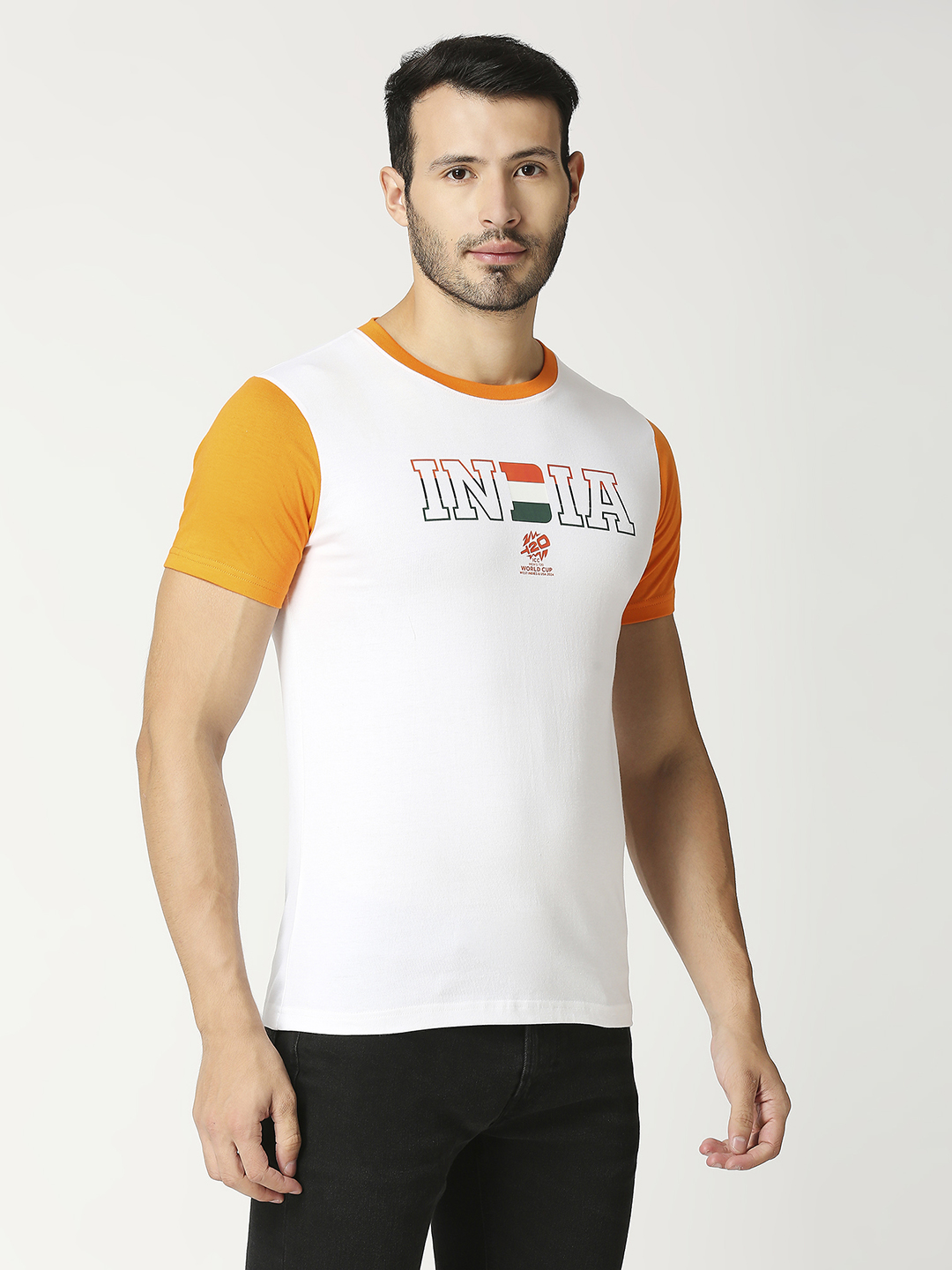 India ICC Men's T20 WC-24 White and Orange Half Sleeves Round Neck Cotton T-Shirt (3)