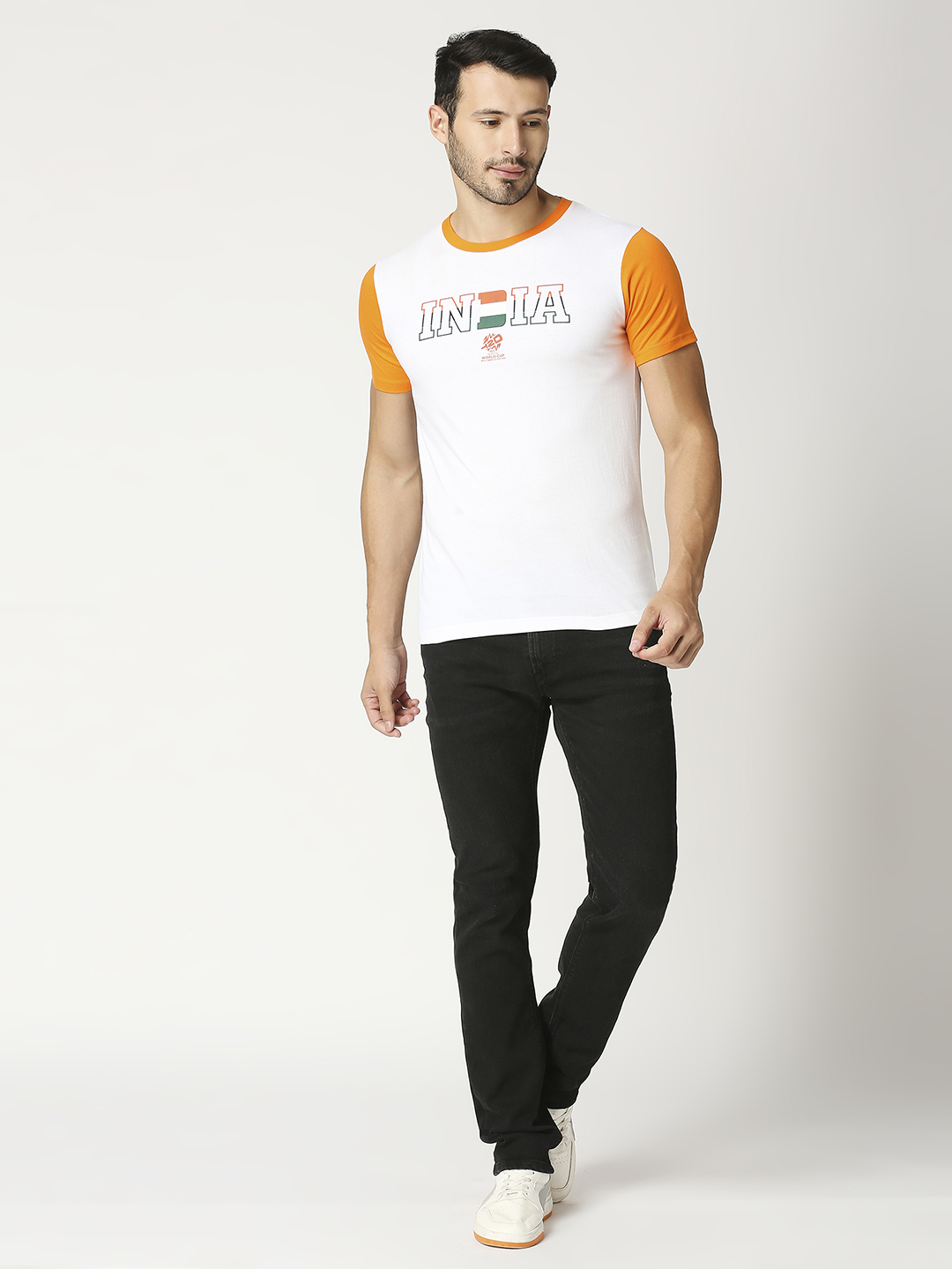 India ICC Men's T20 WC-24 White and Orange Half Sleeves Round Neck Cotton T-Shirt (5)