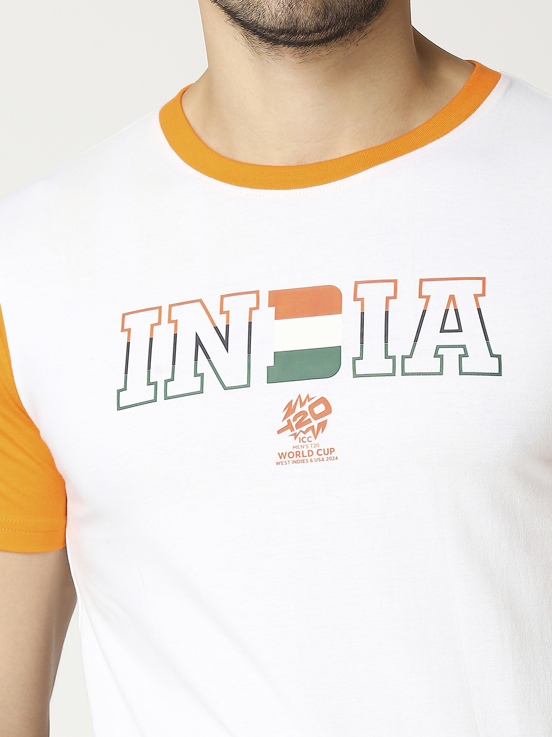 India ICC Men's T20 WC-24 White and Orange Half Sleeves Round Neck Cotton T-Shirt (9)