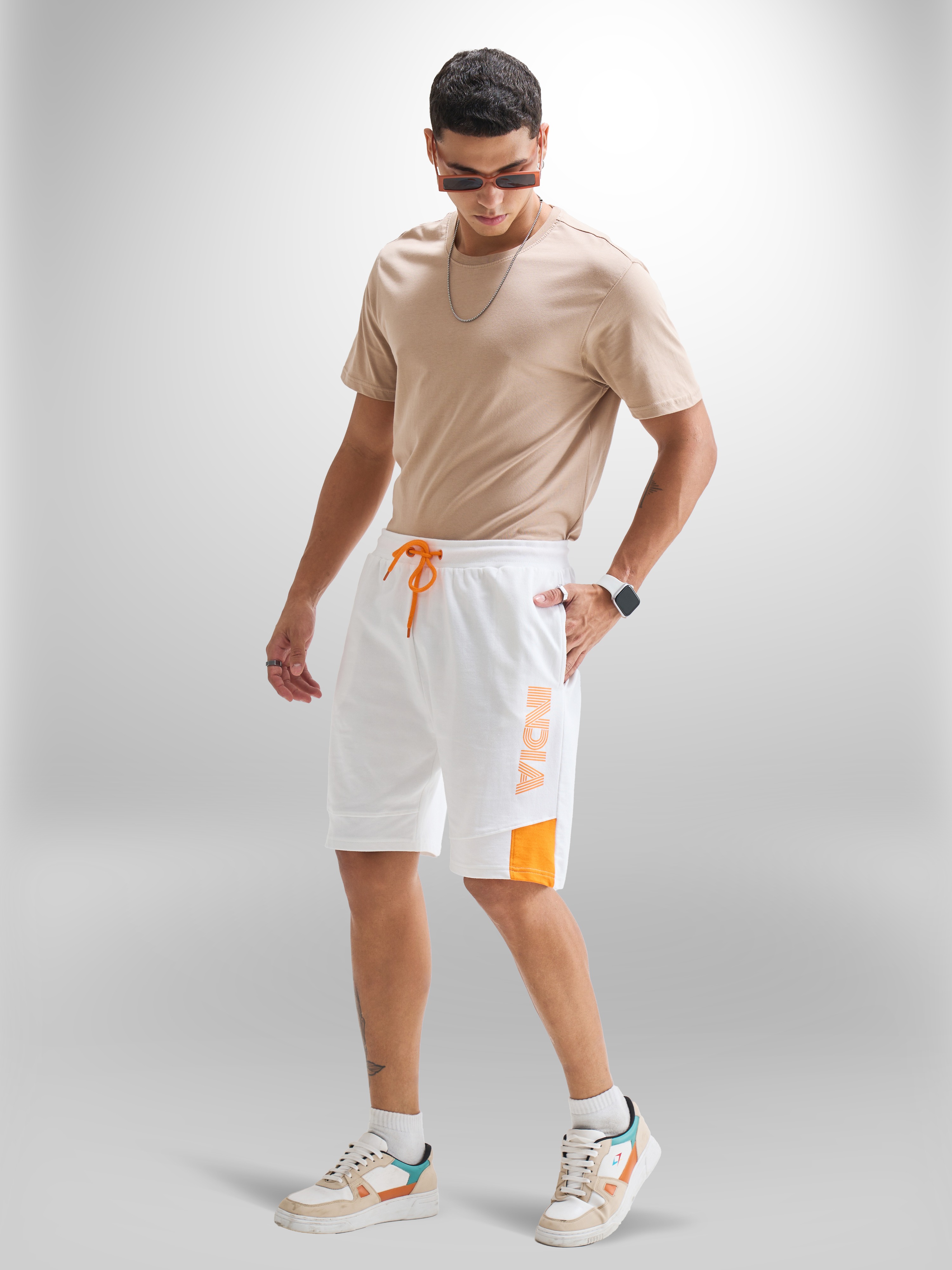 India ICC Men's T20 WC-24 White Logo Printed Mid-Rise Active Sports Shorts