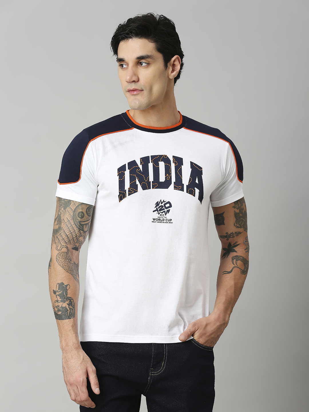 India ICC Men's T20 WC-24 White Typography Half Sleeves Round Neck Cotton T-Shirt (2)