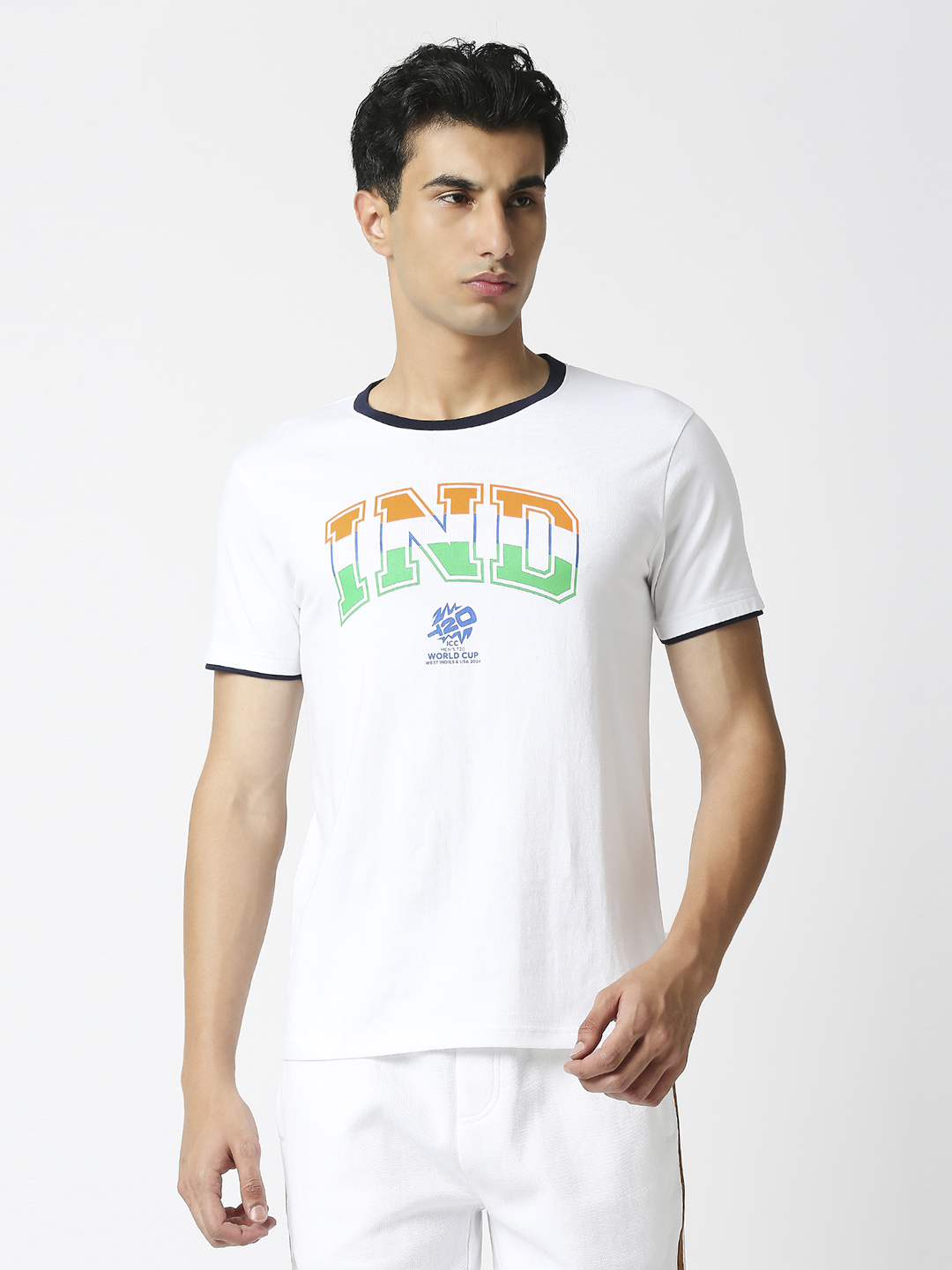 India ICC Men's T20 WC-24 White Typography Printed Half Sleeves Round Neck Tri-Color Cotton T-Shirt (2)