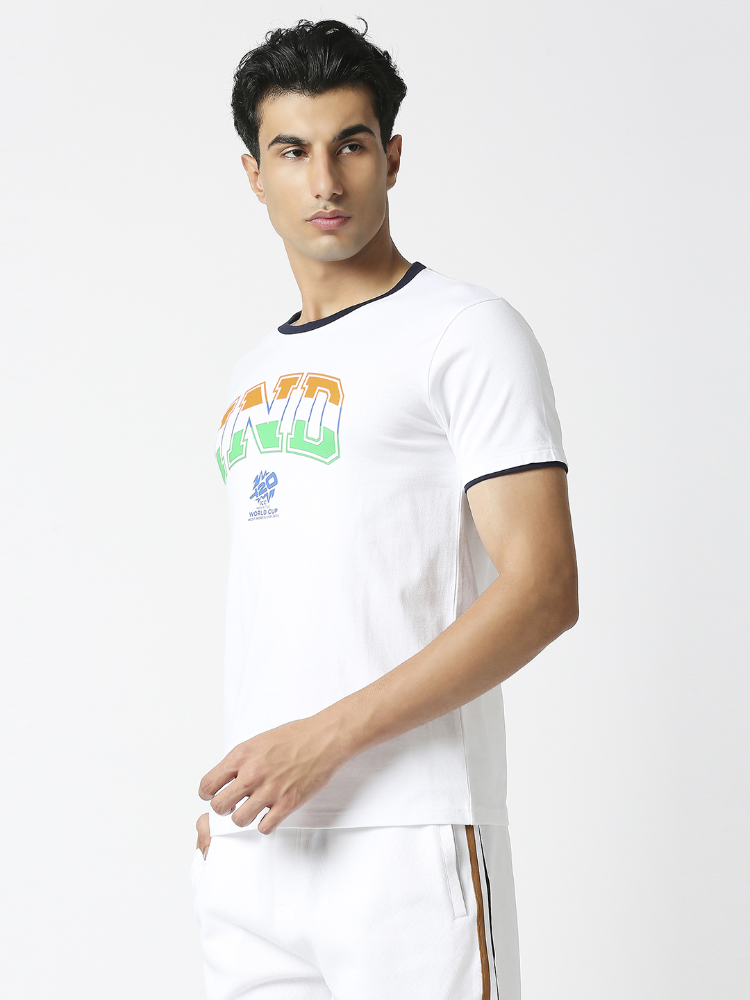India ICC Men's T20 WC-24 White Typography Printed Half Sleeves Round Neck Tri-Color Cotton T-Shirt (3)