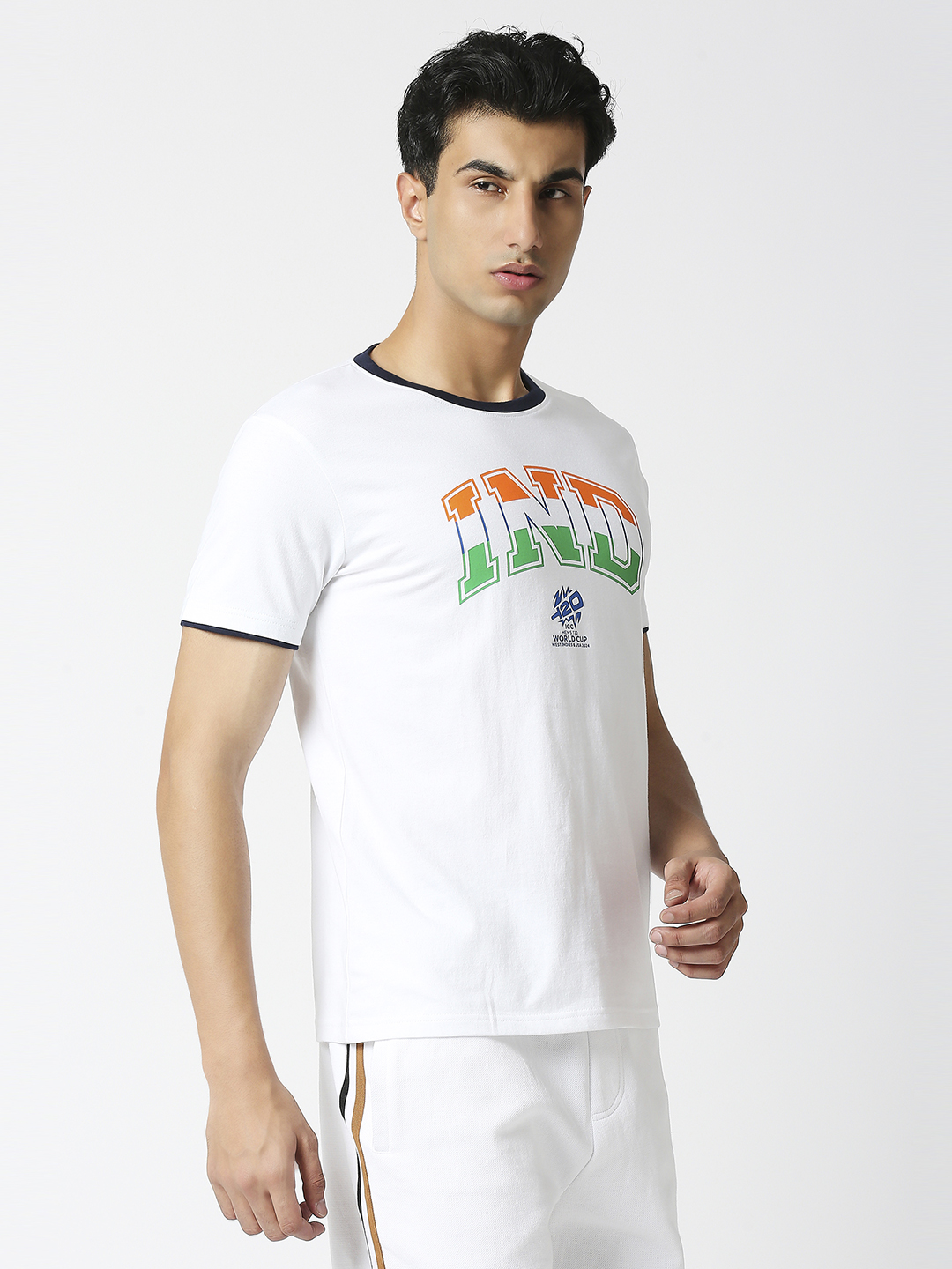 India ICC Men's T20 WC-24 White Typography Printed Half Sleeves Round Neck Tri-Color Cotton T-Shirt (4)