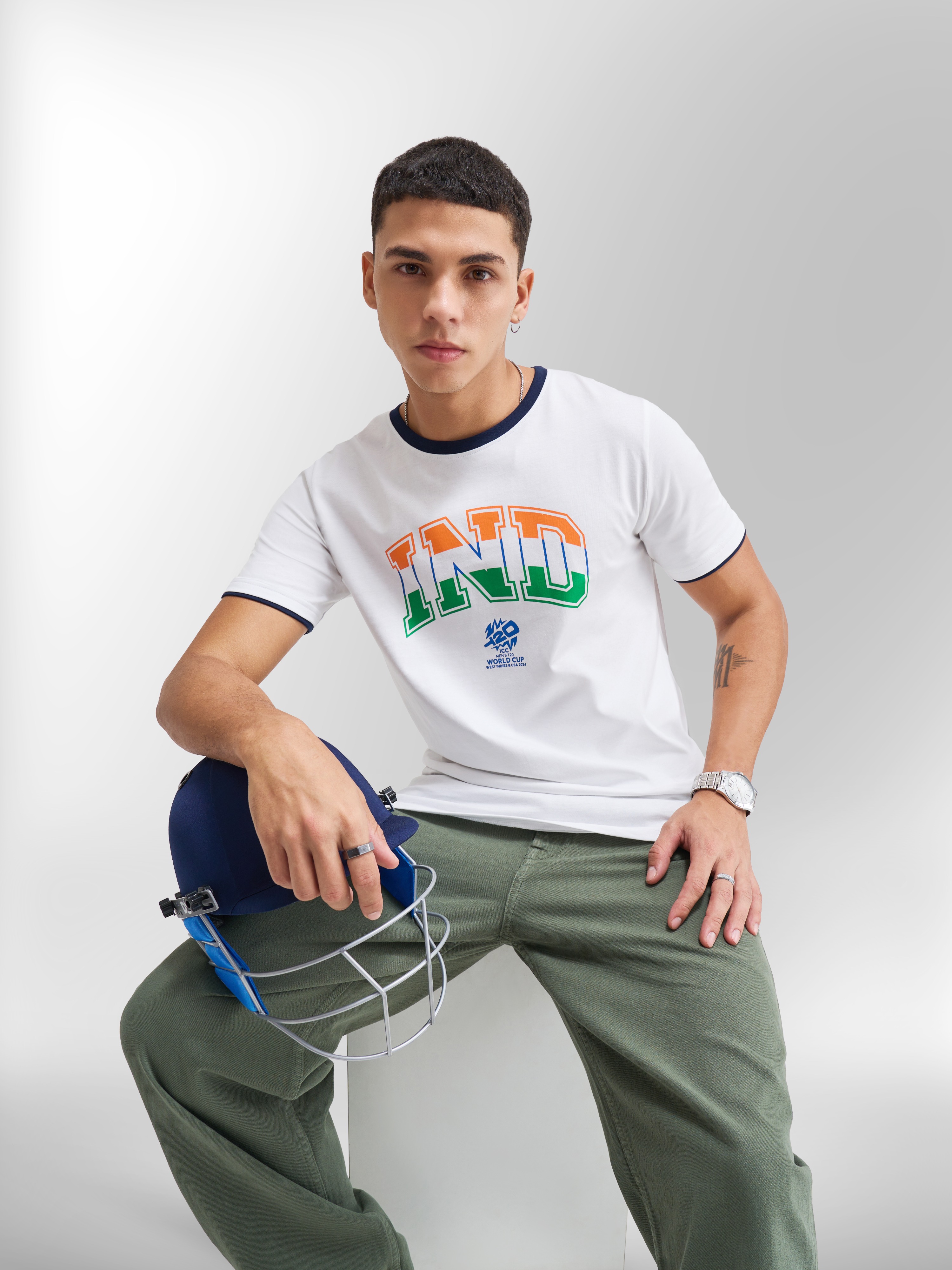 India ICC Men's T20 WC-24 White Typography Printed Half Sleeves Round Neck Tri-Color Cotton T-Shirt (1)