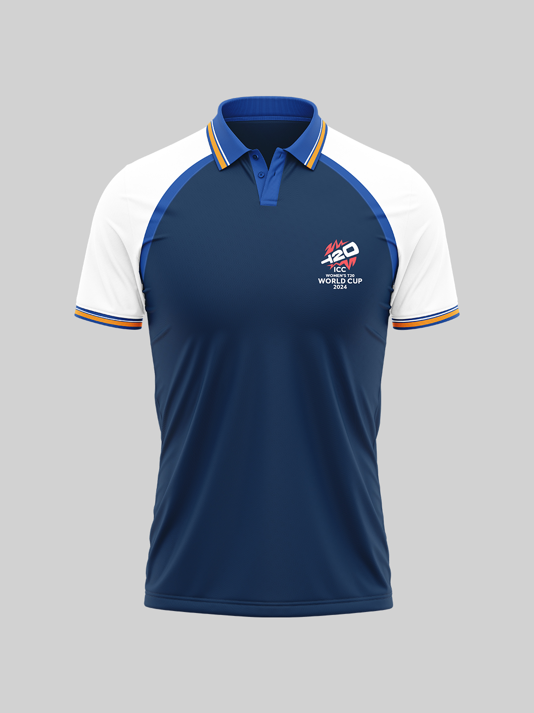 India ICC Women's T20 WC-24 Navy Blue and White Logo Printed Half Sleeves Polo Collar Cotton T-Shirt (1)