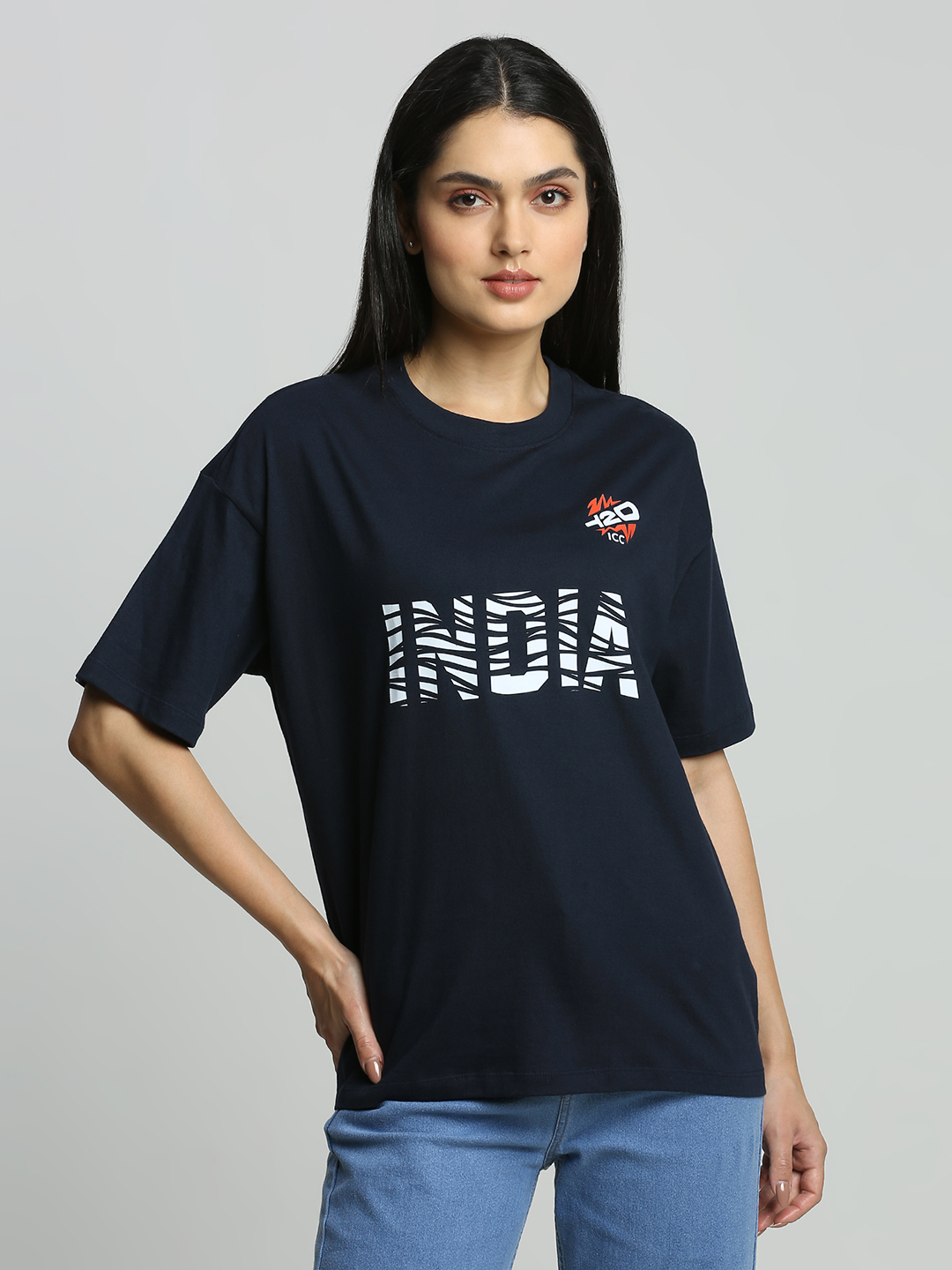 India ICC Women's T20 WC-24 Navy Blue Typography Printed Oversized T-Shirt (1)