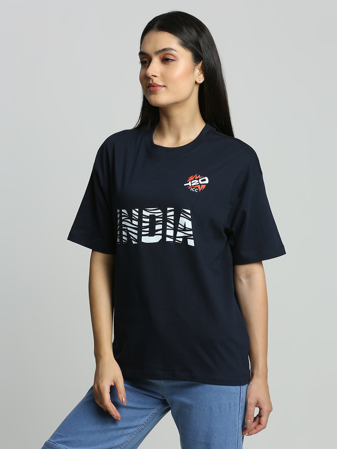 India ICC Women's T20 WC-24 Navy Blue Typography Printed Oversized T-Shirt (2)