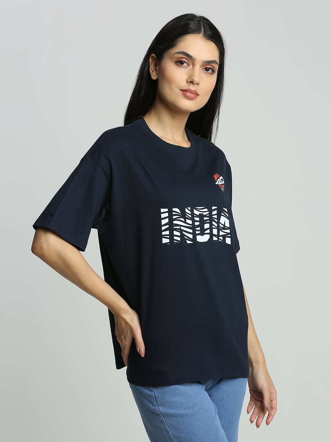 India ICC Women's T20 WC-24 Navy Blue Typography Printed Oversized T-Shirt (5)