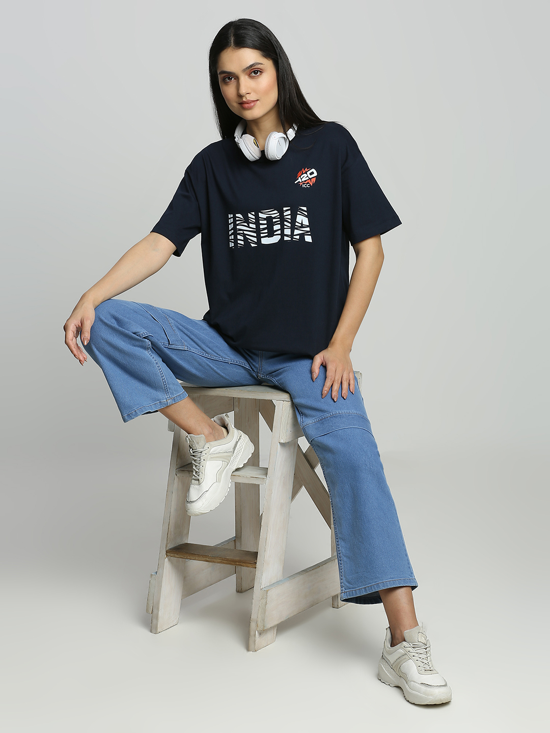 India ICC Women's T20 WC-24 Navy Blue Typography Printed Oversized T-Shirt (7)