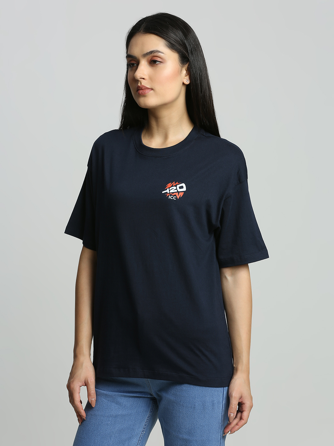 India ICC Women's T20 WC-24 Navy Blue Typography Printed Oversized T-Shirt (2)