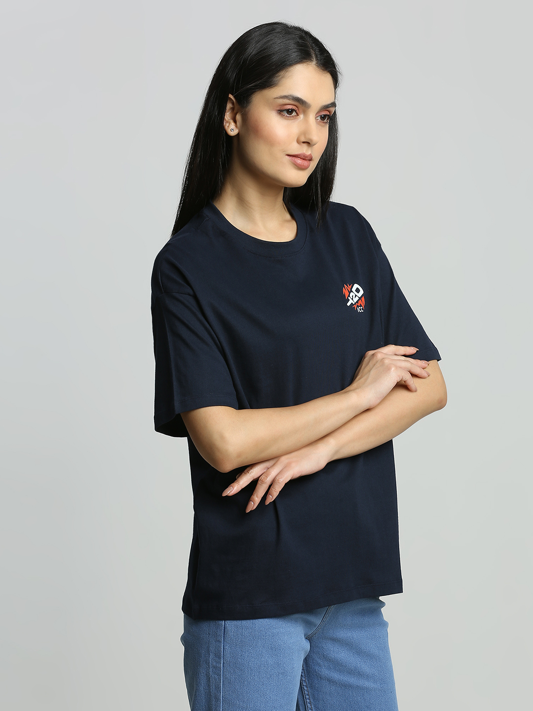 India ICC Women's T20 WC-24 Navy Blue Typography Printed Oversized T-Shirt (5)