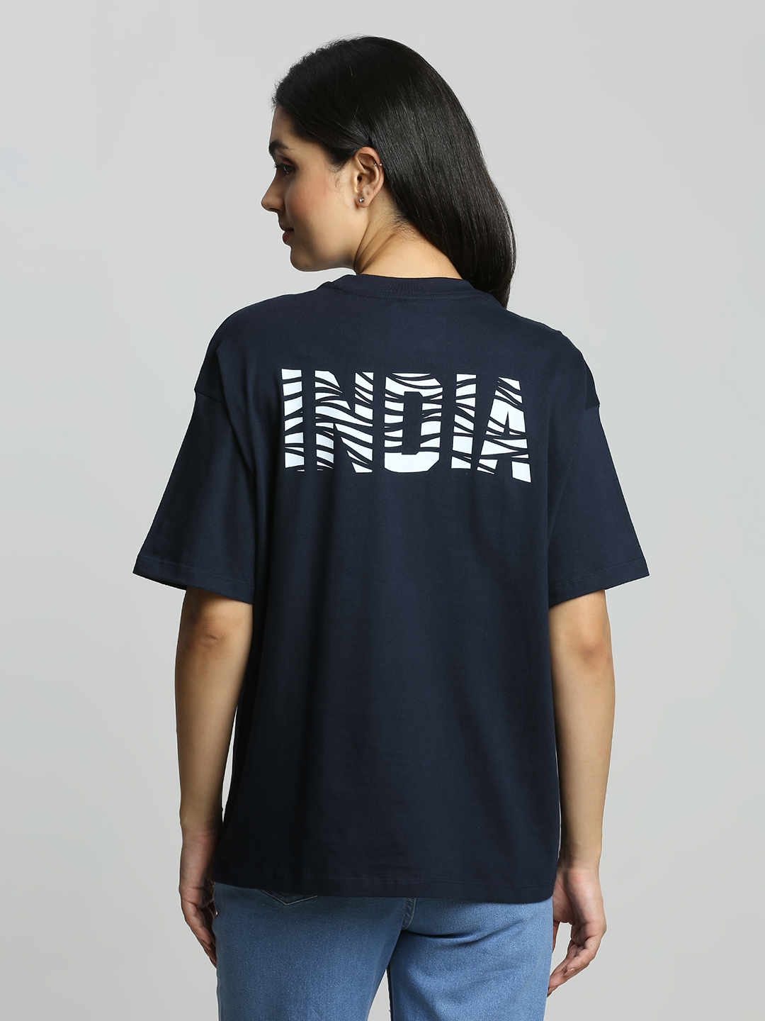 India ICC Women's T20 WC-24 Navy Blue Typography Printed Oversized T-Shirt (6)